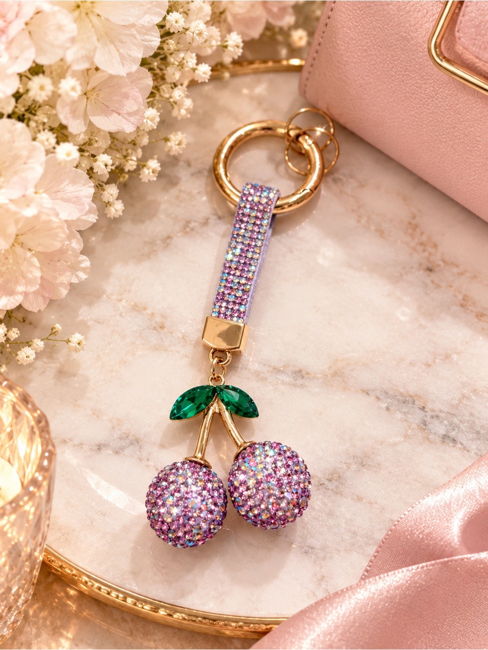 Sparkly Rhinestone Cherry Bag Charm Keychain – Purple Pink & Gold